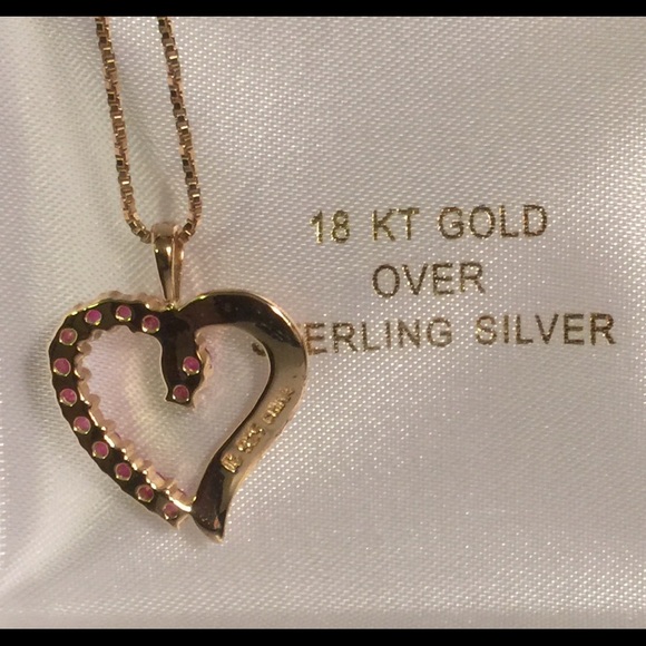 Ruby Heart Gold Plated Necklace 17” Box Chain - Picture 3 of 8